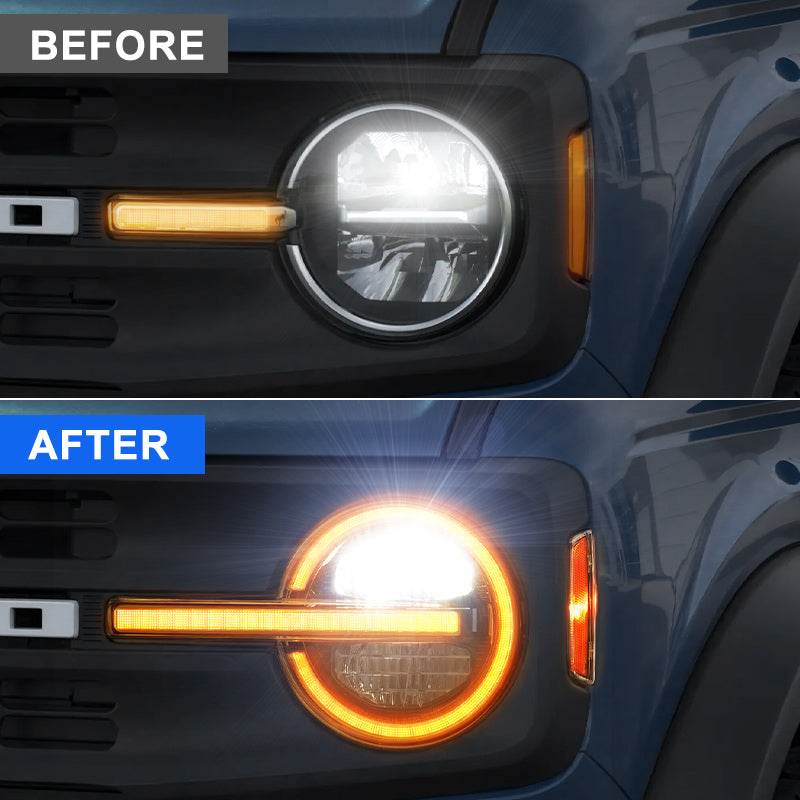 Bronco factory headlights and aftermarket headlights comparsion