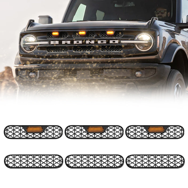 6Pcs Front Mesh Grille Insert with LED Lights for Bronco Big Bend and Outer Banks