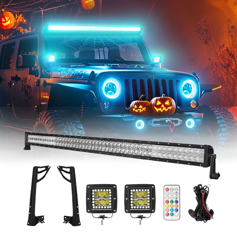 52" RGBW Dual Row LED Light Bar & 2 RGB Pods & All Brackets for 2007-2018 Jeep Wrangler JK