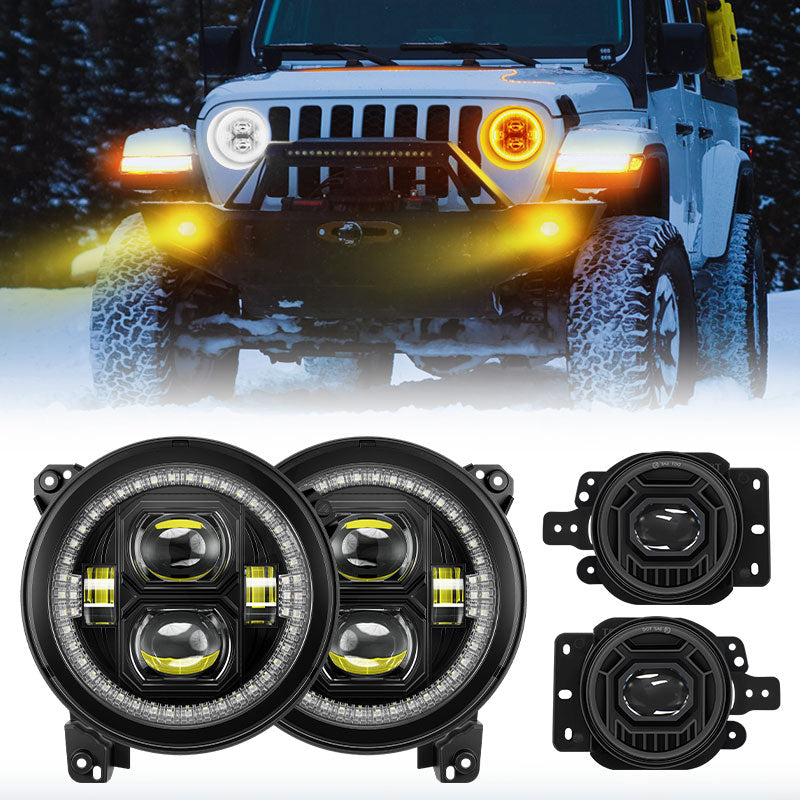 9 Inch Halo Headlights & 4 Inch Dual Color Fog Lights for Jeep Wrangler JL and Gladiator JT