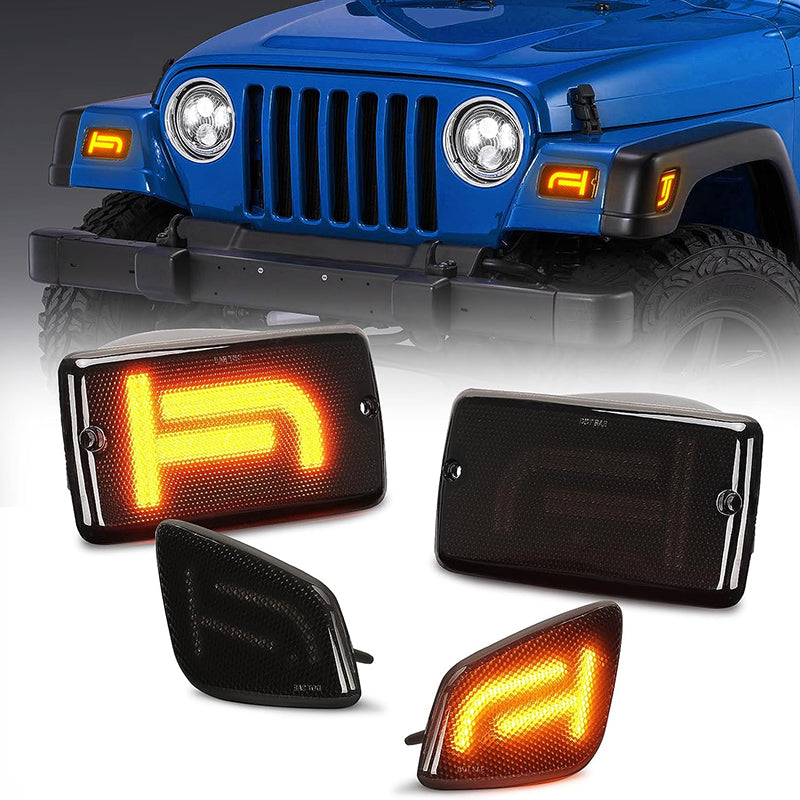 Luces LED de señal de giro de forma icónica y luces de marcador laterales de guardabarros para Jeep Wrangler TJ 1997-2006