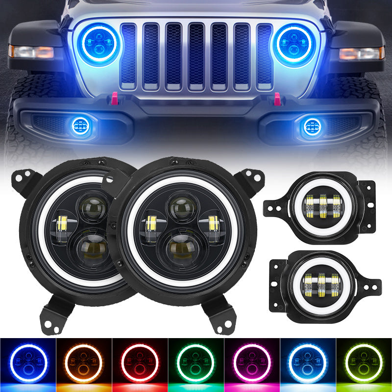 Jeep Wrangler JL Gladiator JT LED RGB Halo Headlights + Fog Lights